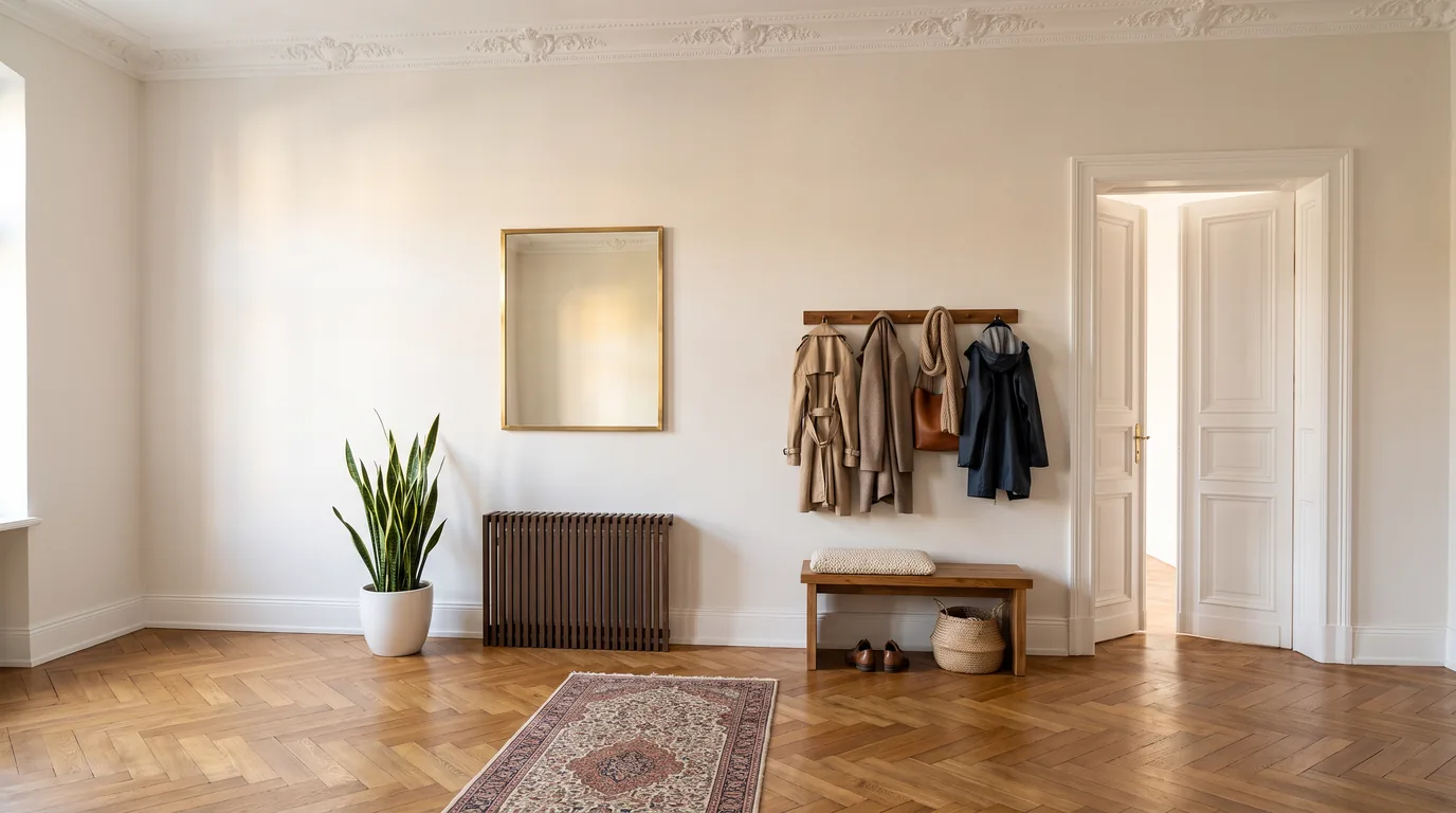 Garderobe mit Heizungsverkleidung aus Eiche