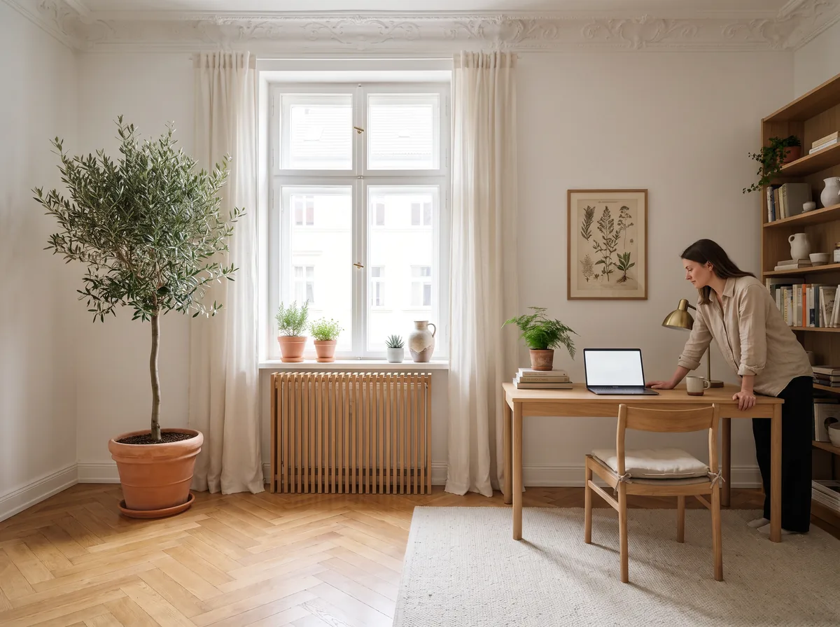Helles Home Office mit Heizungsverkleidung