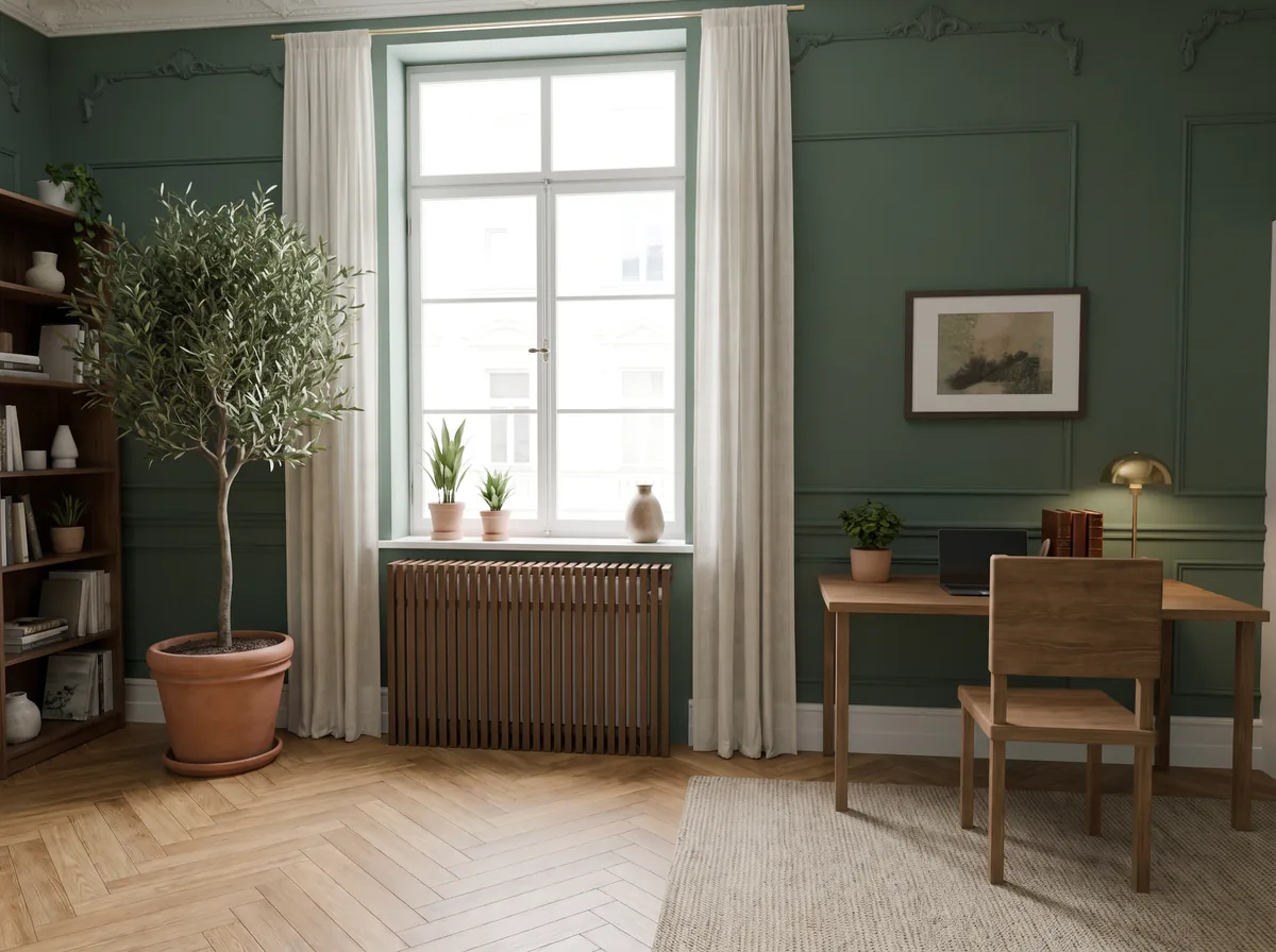 Home Office mit massiver Heizungsverkleidung aus Eichenholz