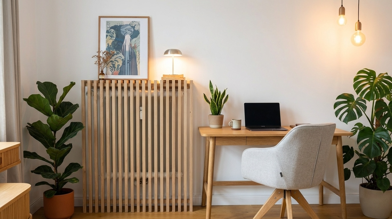 Home Office mit massiver Heizungsverkleidung aus Eichenholz