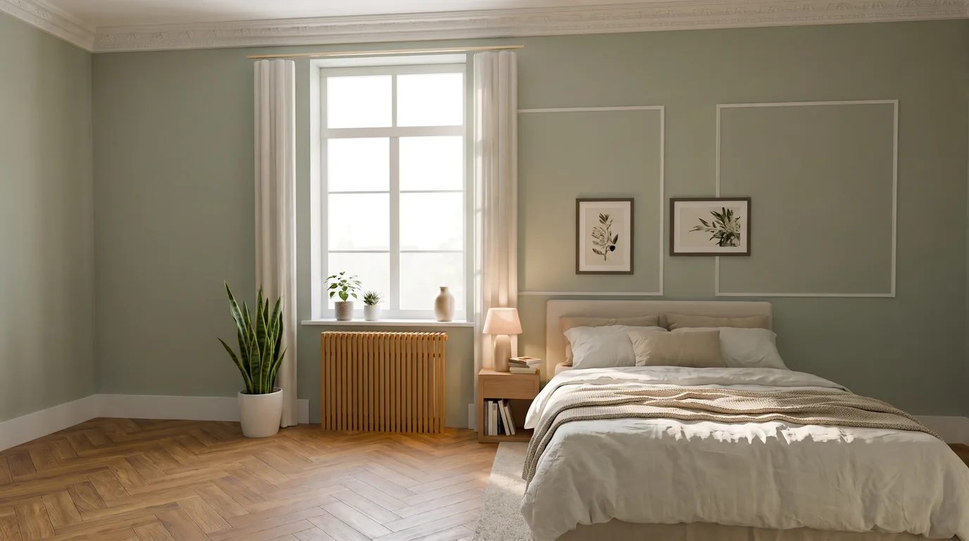 Modernes Schlafzimmer mit Eichenholz-Heizkörperverkleidung