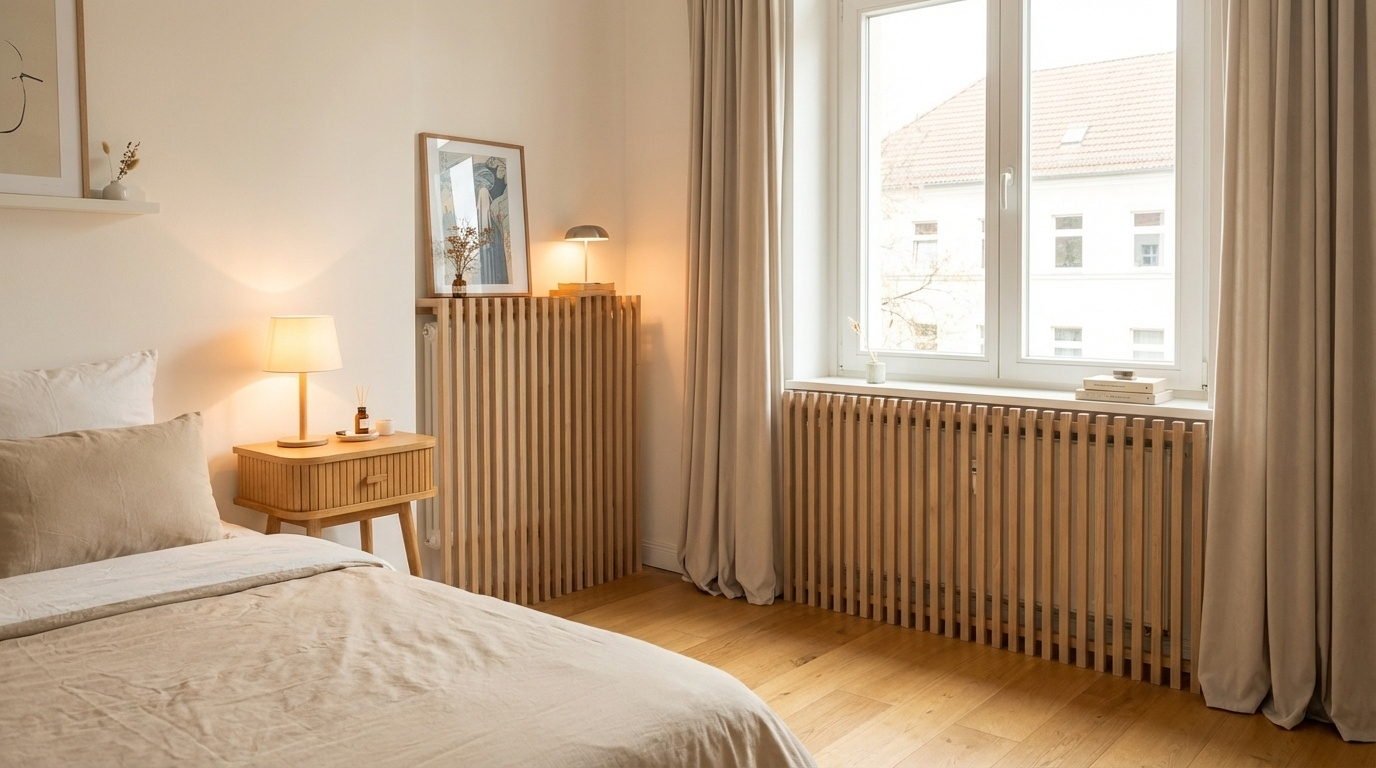 Modernes Schlafzimmer mit Eichenholz-Heizkörperverkleidung