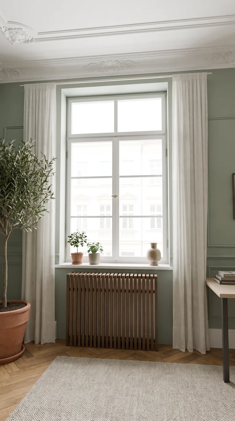 Heizkörperverkleidung in geräucherter Eiche unter einem Fenster