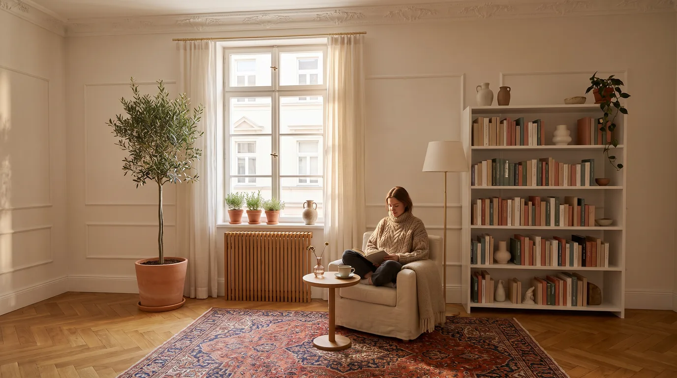 Lesecke im Wohnzimmer mit Heizungsverkleidung