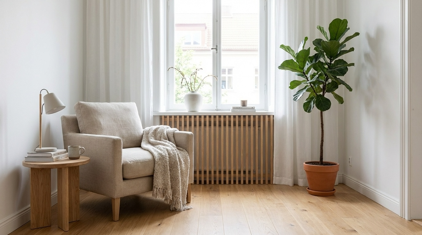Lesecke im Wohnzimmer mit Heizungsverkleidung