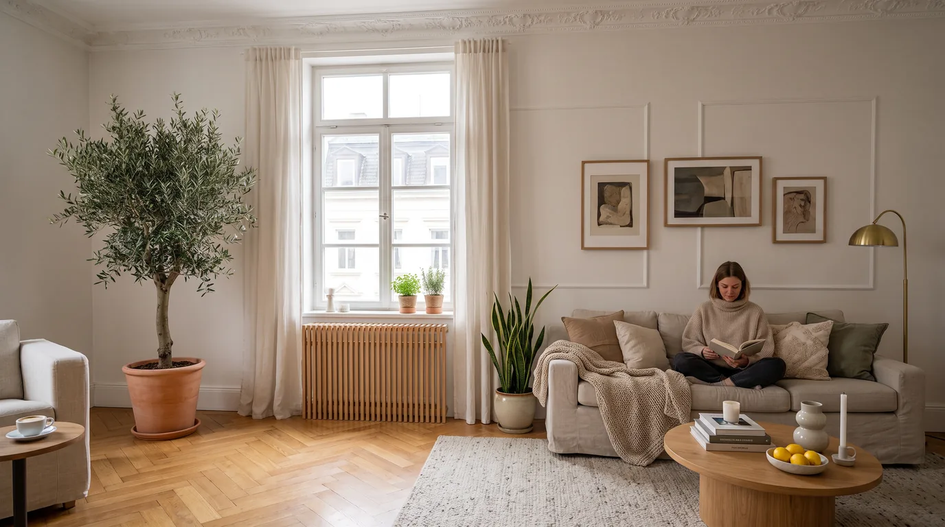 Skandinavisches Wohnzimmer mit Heizungsverkleidung aus Eiche