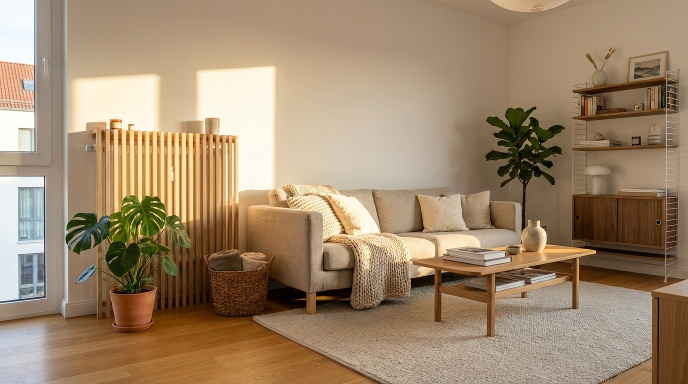 Skandinavisches Wohnzimmer mit Heizungsverkleidung aus Eiche